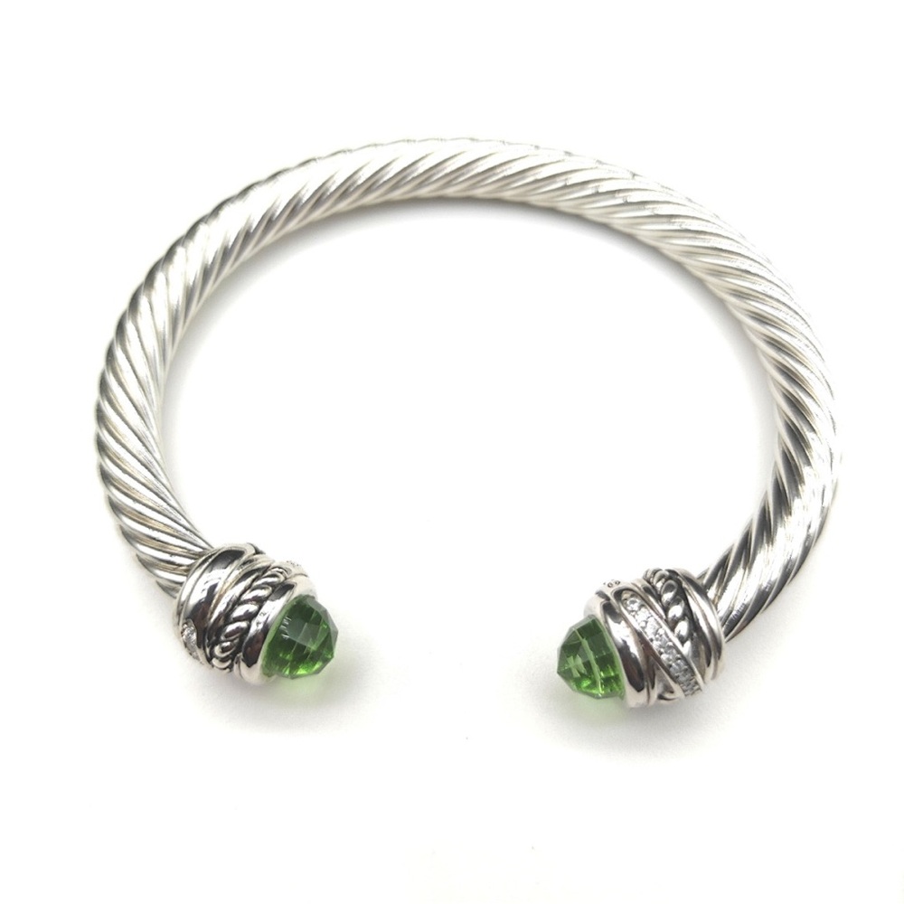 David Yurman Silver Cable Cuff Bracelet with Peridot Tips